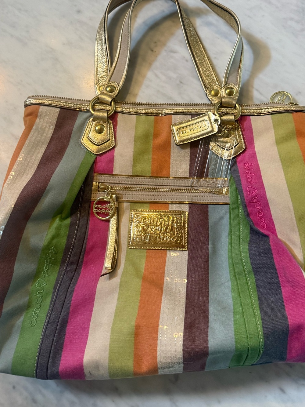 Coach Poppy Legacy Stripe Glam Tote 16326 Multicolor Sequin Gold